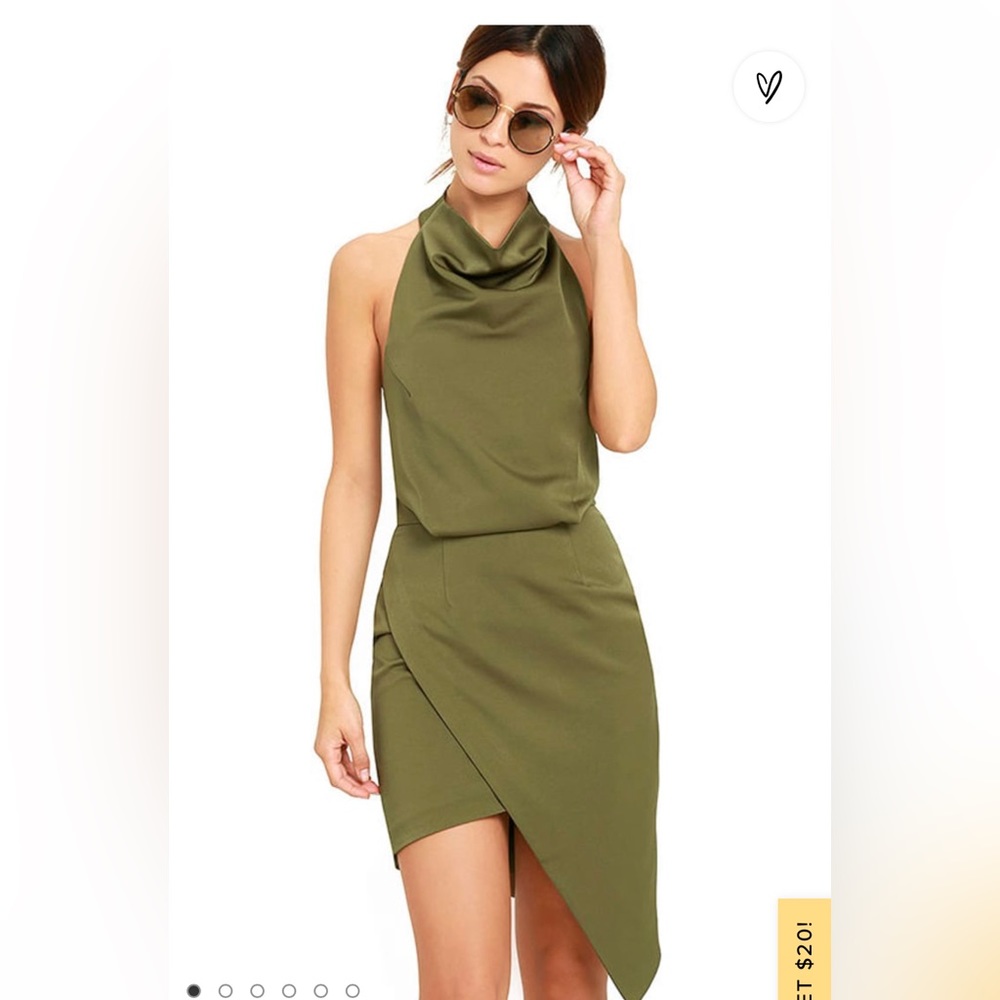 Lulu’s The Elliatt Asymmetrical Camo Olive Green Halter Dress